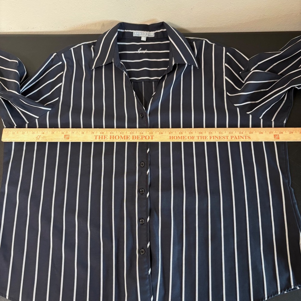 Foxcroft Navy White Striped Button Up Shirt Size 24W Wrinkle Free Shaped Fit - Picture 6 of 12